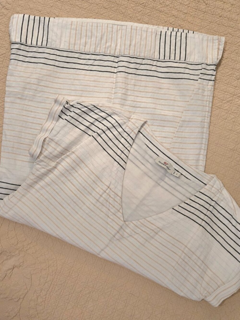 VINEYARD VINES Linen V-neck Black/Tan/Metallic Stripes Size 4 - Picture 9 of 9
